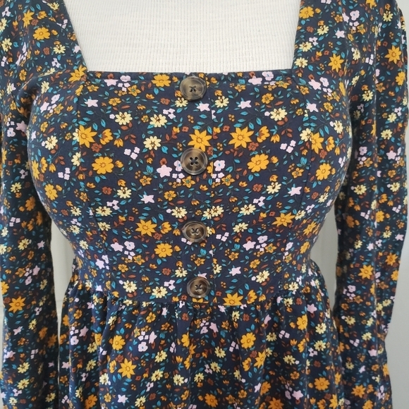 Mudd Floral Pink & Blue Square Neck Line Long Sleeve Women's Dress Size S - Picture 3 of 8